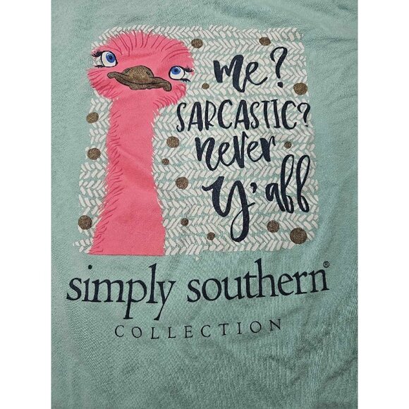 Simply Southern Long Sleeve "Me? Sarcastic? Never Y'all" Pink Ostrich Emu Sz M - Picture 2 of 7